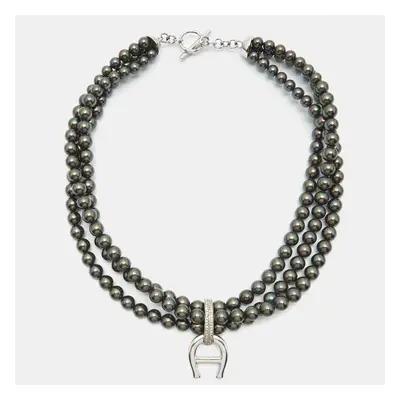 Aigner Logo Crystals Black Faux Pearls Silver Tone Multistrand Necklace