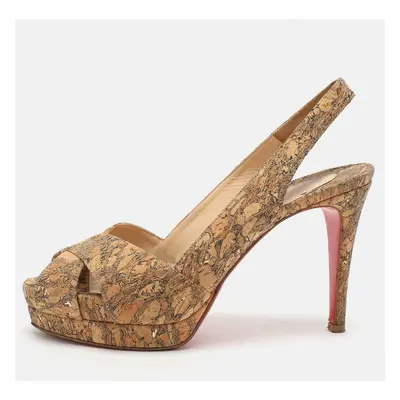 Christian Louboutin Beige Cork Soso Criss Cross Platform Slingback Sandals Size