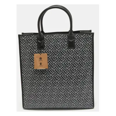 Burberry Black/White TB Logo Leather Vertical Danny Tote