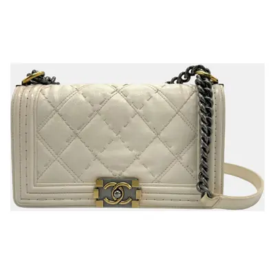 Chanel Off-White Calfskin Quilted Mini Boy Flap White Shoulder Bag