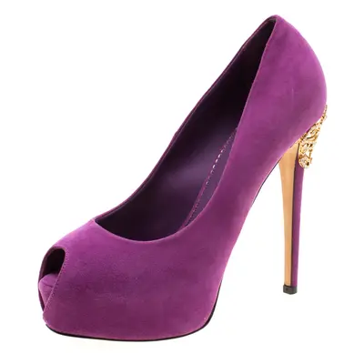 Enio Silla For Le Silla Purple Suede Open Toe Crystal Embellished Heel Platform Pumps Size