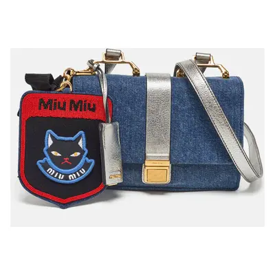 Miu Miu Blue/Silver Denim and Leather Flap Shoulder Bag