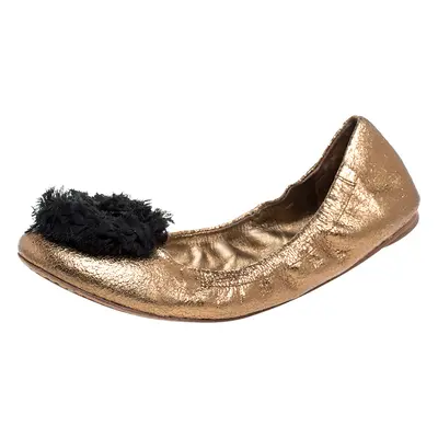 Tory Burch Metallic Bronze Crackled Leather And Black Fabric Flower Scrunch Ballet Flats Size