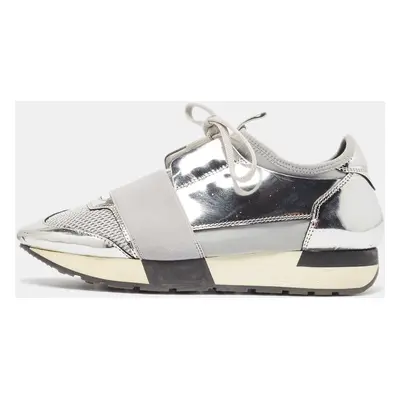 Balenciaga Silver Leather and Mesh Race Runner Sneakers Size