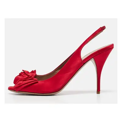 Valentino Red Satin Bow Peep Toe Slingback Pumps Size