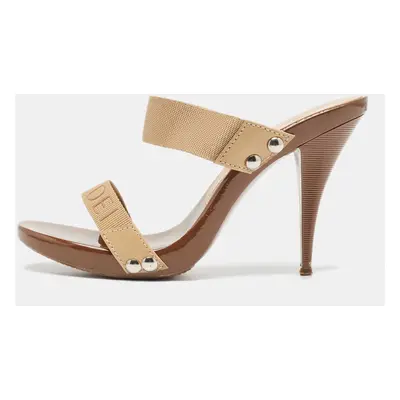 Casadei Beige/Brown Canvas Slide Sandals Size