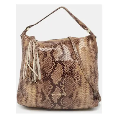 Michael Kors Brown/Black Python Embossed Patent Leather Tassel Hobo