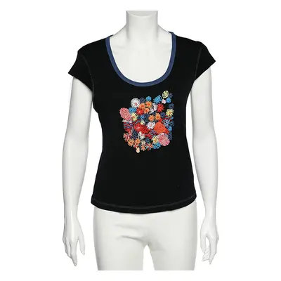 Kenzo Jeans Midnight Blue Embroidered Cotton Knit Scoop Neck T-Shirt