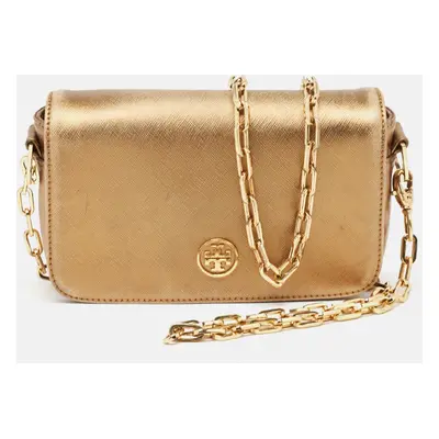 Tory Burch Gold Leather Logo Flap Chain Bag