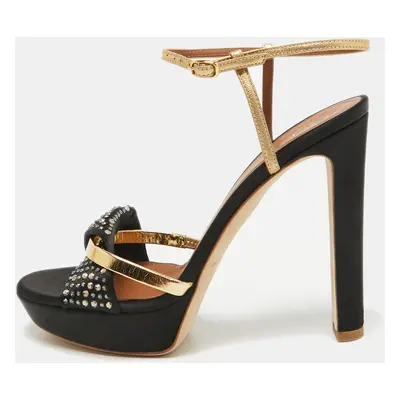 Malone Souliers Black/Gold Satin and Leather Lauren Crystals Sandals Size