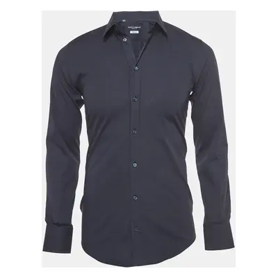 Dolce & Gabbana Gold Navy Blue Cotton Button Front Full Sleeve Shirt