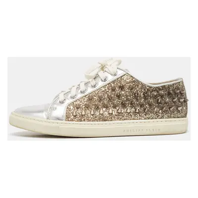 Philipp Plein Silver/Gold Leather And Glitter Spike Sneakers Size