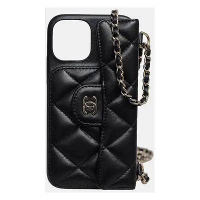 Chanel Black Lambskin Quilted iPhone 12Pro Chain Case