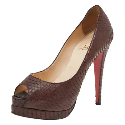 Christian Louboutin Brown Python Embossed Leather Peep Toe Pumps Size 36.5