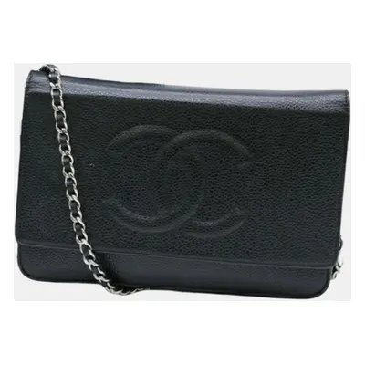 Chanel Black Coco Mark Caviar Skin Chain Wallet