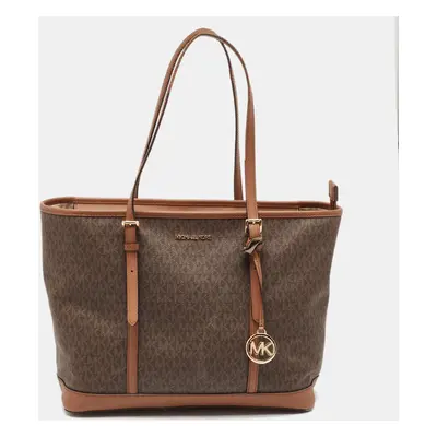 Michael Kors Brown Signature Coated Canvas Jet Set Travel Tote