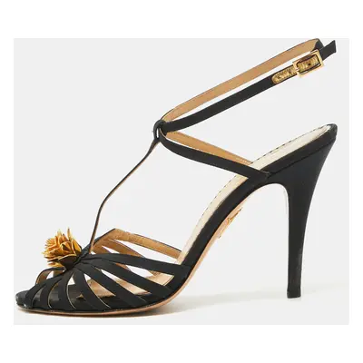 Charlotte Olympia Black Satin Flower Detail Ankle Strap Sandals Size