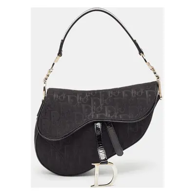 Dior Black Oblique Canvas and Patent Leather Saddle Bag