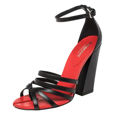 Burberry Black/Red Leather Hove Heel Ankle Strap Sandals Size