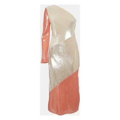 Diane Von Furstenberg Cream Sequin and Silk One Shoulder Bias Midi Dress