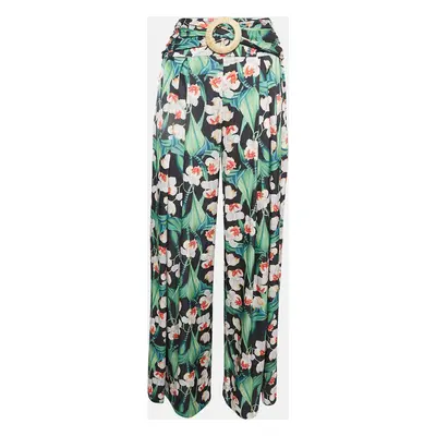 PATBO Black Floral Print Satin Belted Wide-Leg Pants