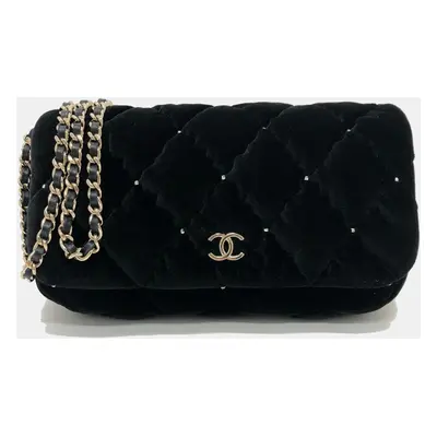 Chanel Black Velour Matelasse Rhinestone Chain Shoulder Bag