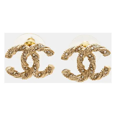 Chanel CC Crystal Twisted Gold Tone Earrings