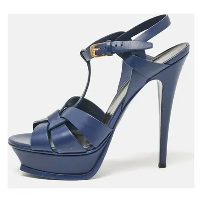 Saint Laurent Navy Blue Leather Tribute Platform Sandals Size 39.5