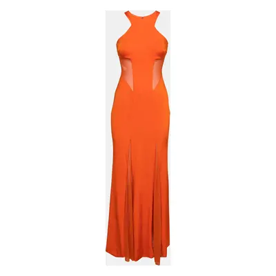 Cushnie Et Ochs Tangerine Orange Stretch Satin Jersey Mesh Paneled Gown