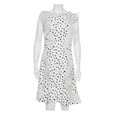 Oscar de la Renta White Painted Effect Lace Ruffle Detail Short Dress