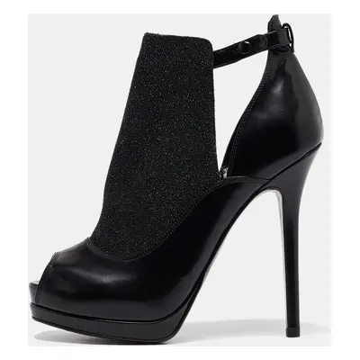 Fendi Black Leather and Glitter Peep Toe Platform Booties Size