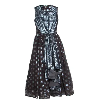 Loewe Brown and Metallic Blue Polka Dot Pattern Silk Pleat Detail Dress