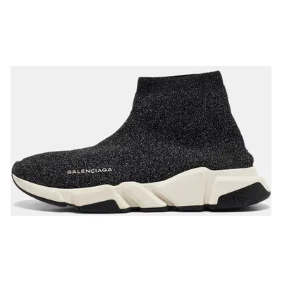 Balenciaga Black/Silver Knit Fabric Speed Trainer Lace Up Sneakers Size