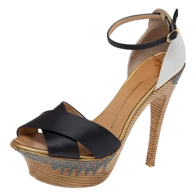 Giuseppe Zanotti Tri-Color Satin and Leather Embellished Platform and Heel Ankle Strap Sandals S