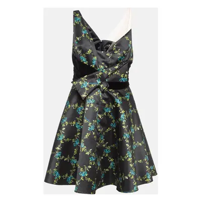 Elisabetta Franchi Black Floral Print Satin Fit and Flare Dress