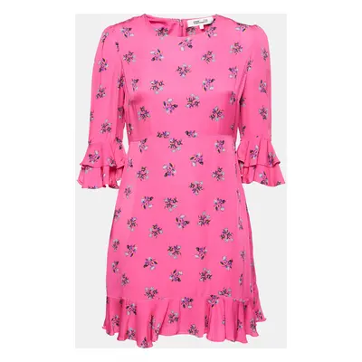 Diane Von Furstenberg Pink Floral All-Over Motif Crepe Ruffle Detail Mini Dress