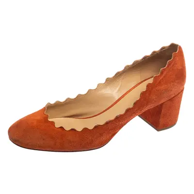 Chloe Orange Suede Lauren Scallop Trim Block Heel Pumps Size