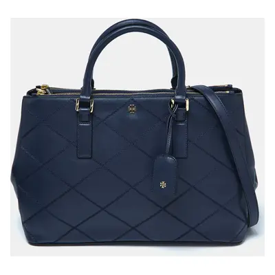 Tory Burch Blue Wild Stitch Leather Robinson Double Zip Tote