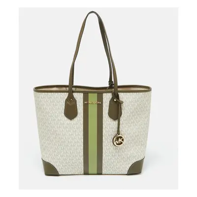 Michael Kors White/Green Signature Coated Canvas and Leather Jet Set Tote