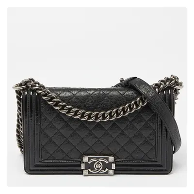 Chanel Black Quilted Patent and Leather Medium Boy Flap Bag