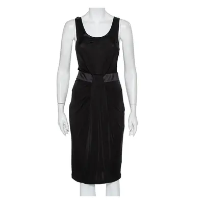 Emporio Armani Black Knit Contrast Trim Draped Detail Sleeveless Midi Dress