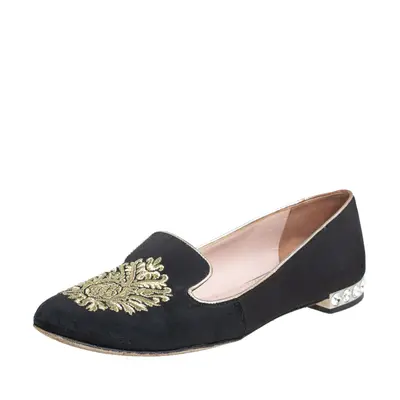 Miu Miu Black Canvas Embroidered Crystal Embellished Smoking Slippers Size