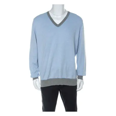 Brunello Cucinelli Light Blue Cotton V Neck Sweater 4XL