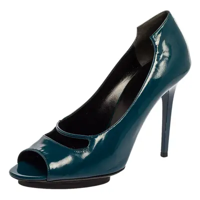 Balenciaga Peacock Blue Patent Leather Peep Toe Pumps Size 39.5