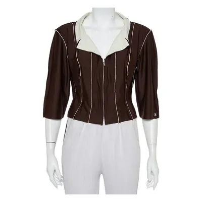 Chanel Brown Knit Paneled Zip Front Cropped Jacket