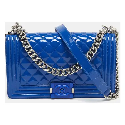 Chanel Blue Quilted Patent Leather Medium Boy Flap Bag