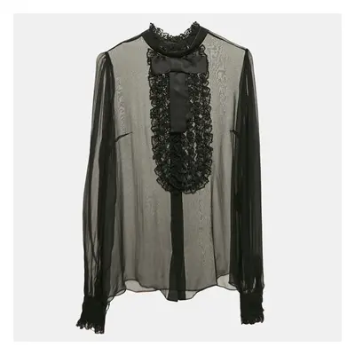 Dolce & Gabbana Black Sheer Silk Lace Trim Button Front Top