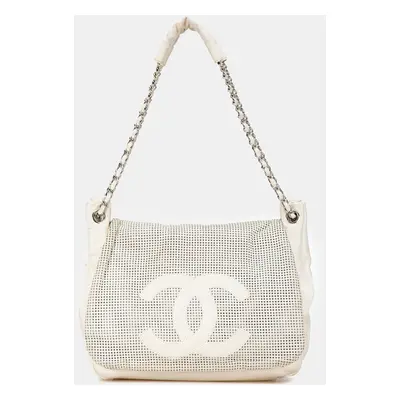 Chanel White Leather Caviar Perforated Hollywood ACCordion Flap Bag