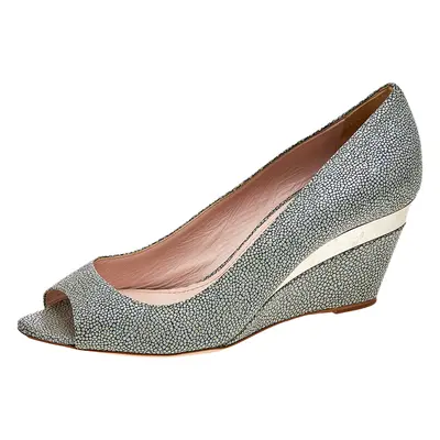 Miu Miu Grey Leather Peep Toe Wedge Pumps Size