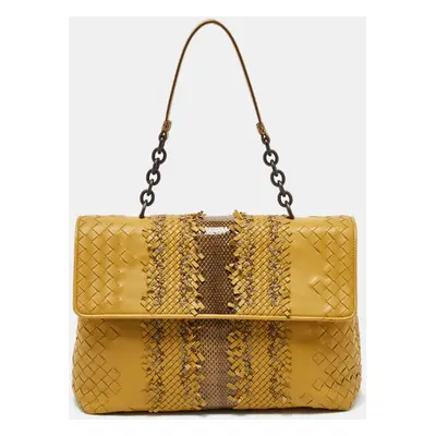 Bottega Veneta Yellow/Brown Intrecciato Leather and Watersnake Olimpia Shoulder Bag